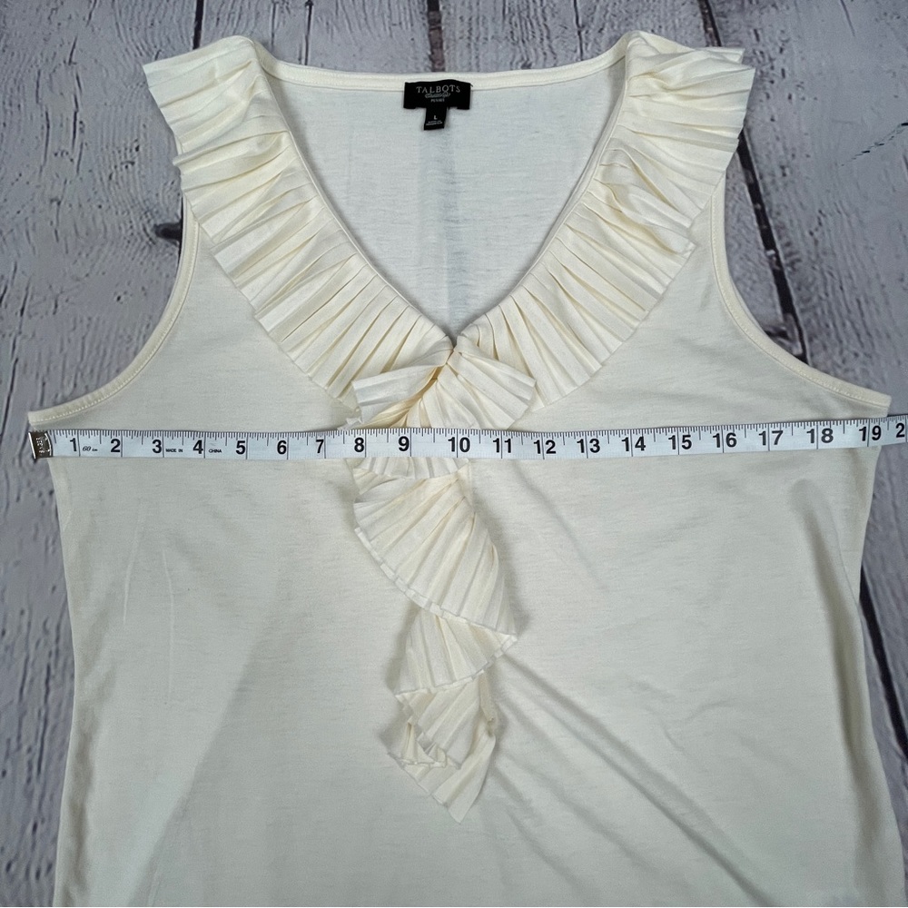 TALBOTS women's soft beige pleated ruffled neckline tank top, size L Petite - Picture 8 of 10